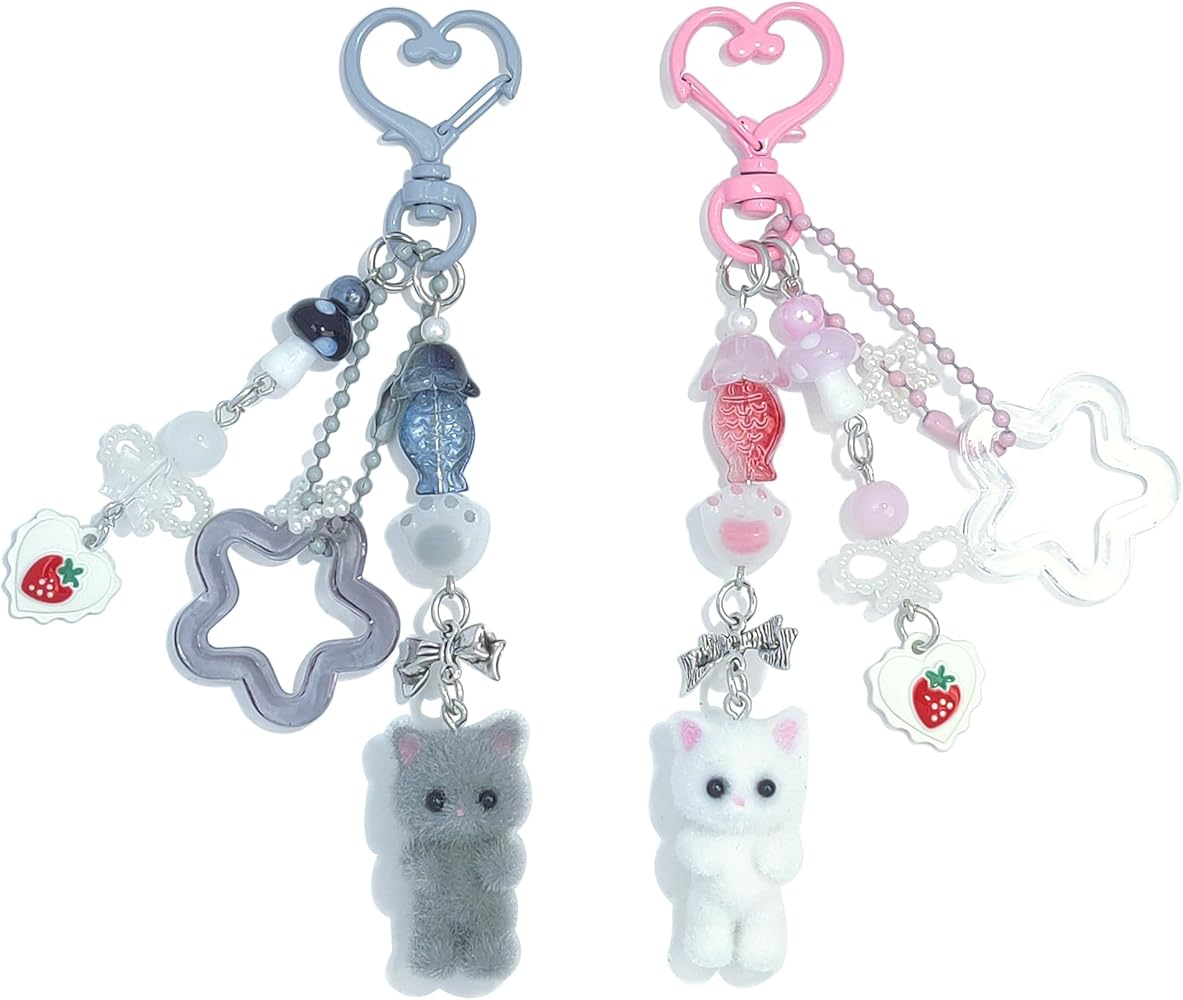 Cute Pink Keychain,Fuzzy Cat Keychain Aesthetic Y2K Keychain Stylish Keychains Accessories