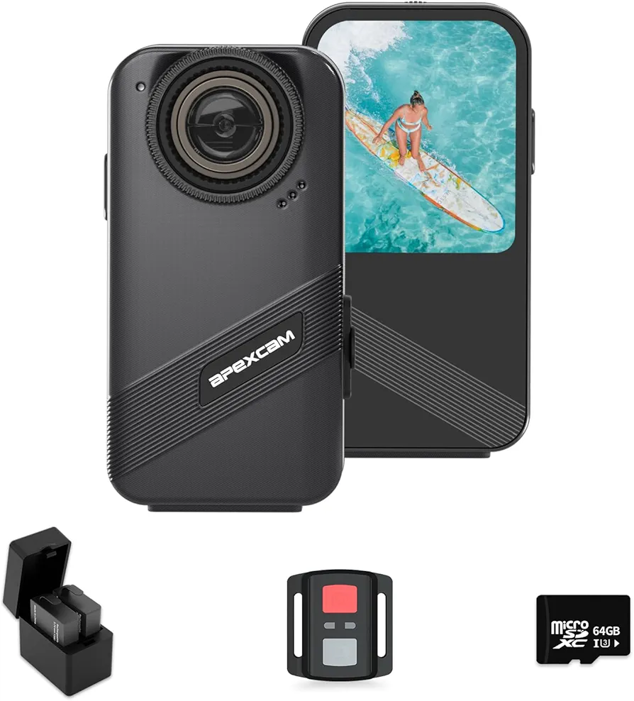 Apexcam K20 Action Camera 4K EIS Sports Camera 66FT Body Waterproof Camera Underwater Mini Action Cam, Touch Screen Helmet Camera WiFi with 64GB Card, 8XZoom, Remote, 2X1350mAh Batteries, Mount Kits