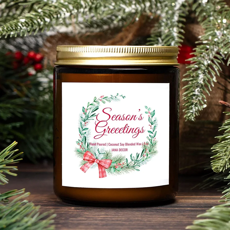 Seasons Greetings Christmas Candle Holiday Candle Idea Winter Candle Holiday Wreath 9oz Hand Poured Coconut Soy Wax Amber Jar Candle, 9oz Candle, Home Decor Candle