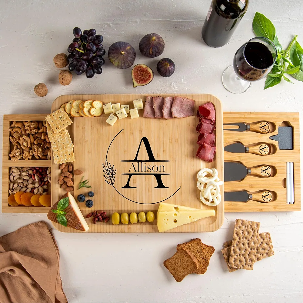 Personalized Bamboo Charcuterie Board Set with Accessories – Large Serving Tray with Knives & Smooth Surface for Cutting or Serving – Food-Safe Design – Ideal cheese board for Special Occasions