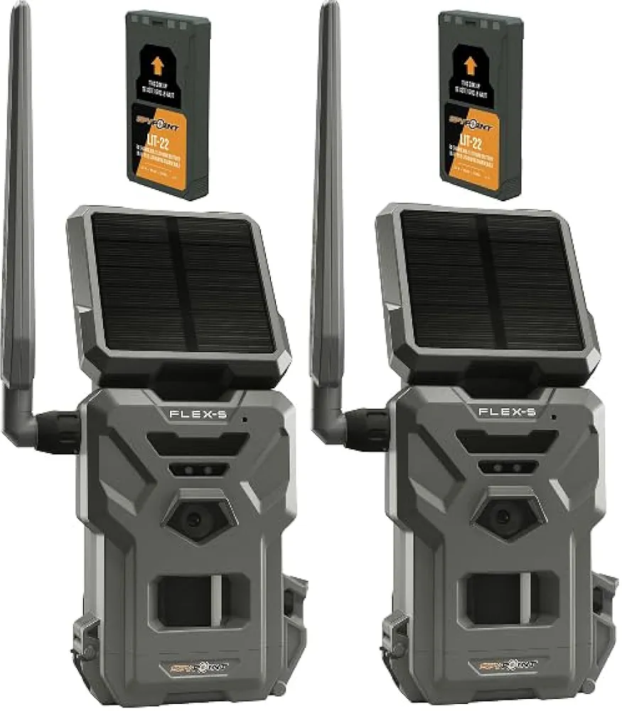 SPYPOINT Flex-S Solar Cellular Trail Camera, Integrated Solar Panel, On-Demand Capable, LTE Connectivity, 100-foot Flash/Detection Range with LIT-22 Rechargeable Batteries Option (2 Pack)