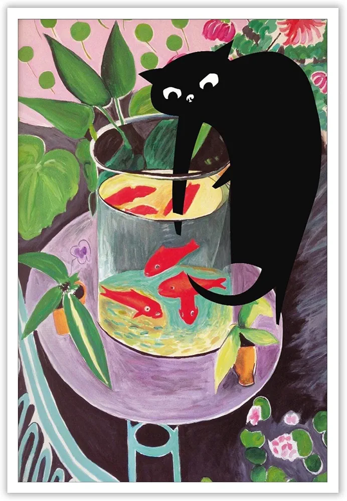 TYOHU Retro Matisse Goldfish And Cat Posters Trendy Funny Black Cat Wall Art Prints Cute Colorful Table Goldfish Prints Painting For Home Bedroom Dorm Wall Decor 12x16in Unframed