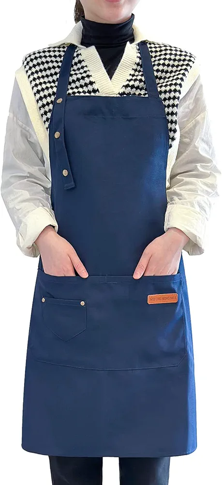 Apron for Men Women with Adjustable Straps and Large Pockets, Canvas Cotton Cooking Kitchen Chef Bib Aprons Waterproof Blue