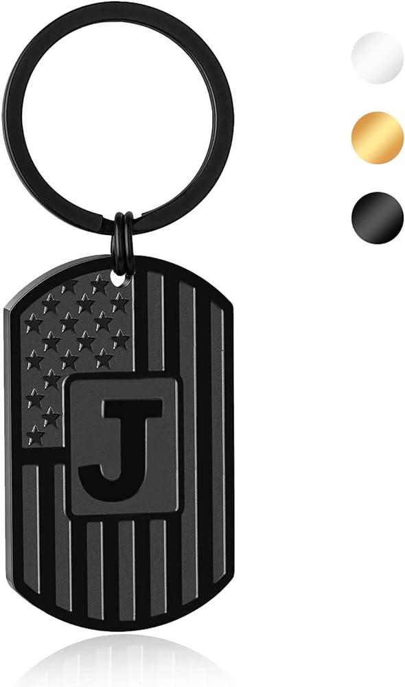 Initial Keychain Gifts for Men,A-Z Letter American Flag Dog Tag Mens Keychain,Mens Accessories Christmas Gifts