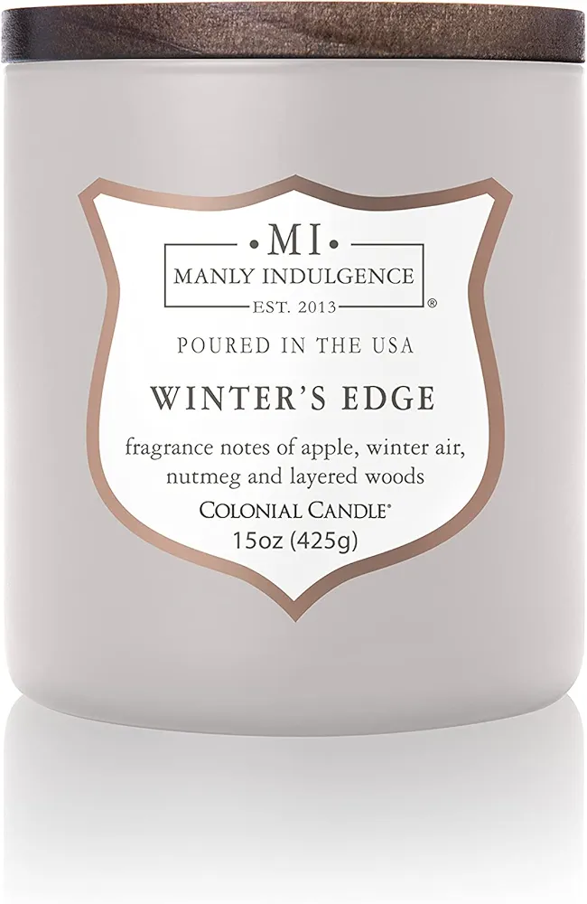 Manly Indulgence Winters Edge Scented Jar Candle, Wood Wick, Premium Soy Blend White Wax, 60 hr Burn, Matte Gray Jar Candle for Home and Men, 15 oz - USA Poured