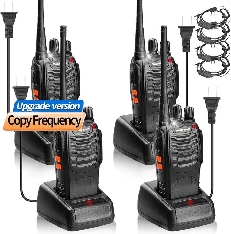 Walkie Talkies Long Range for Adults with Earpieces Copy Frequency Baofeng Walkie Talkie Rechargeable Handheld Two Way Radio with Flashlight Li-ion Battery and Charger Walky Talky (4 Pack)