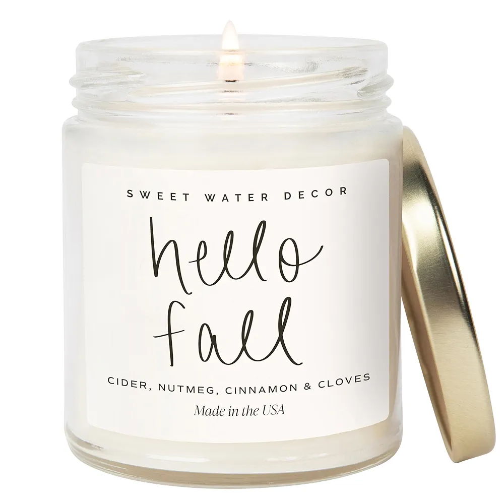 Sweet Water Decor Hello Fall Candle - Cinnamon Apples & Clove Autumn Fall Scented Candle for Home Decor - 100% Cotton Wick Soy Wax Candles with 40 Hour Burn Time - Made in the USA - 9oz Clear Jar