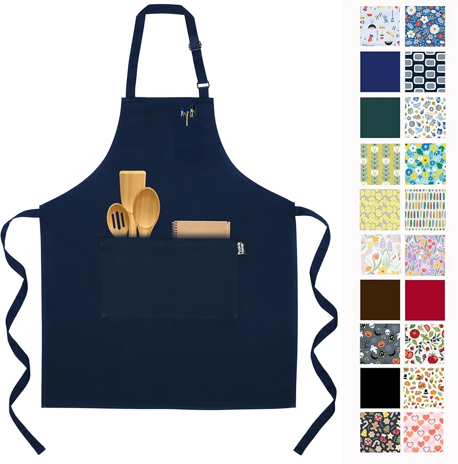 Professional Grade Premium Chef Kitchen Aprons for Cooking with Three Pockets, Water and Stain-Resistant, Machine Washable, Cute Cooking Aprons for Women and Men (Plain, Navy Blue)