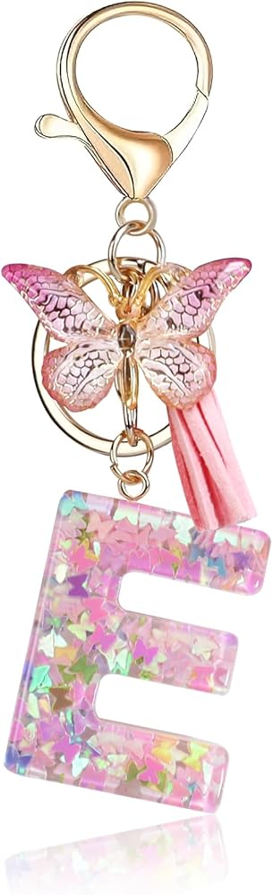 Fmeida Initial Letter Keychains for Women Cute Pink Keychain with Tassel& Butterfly