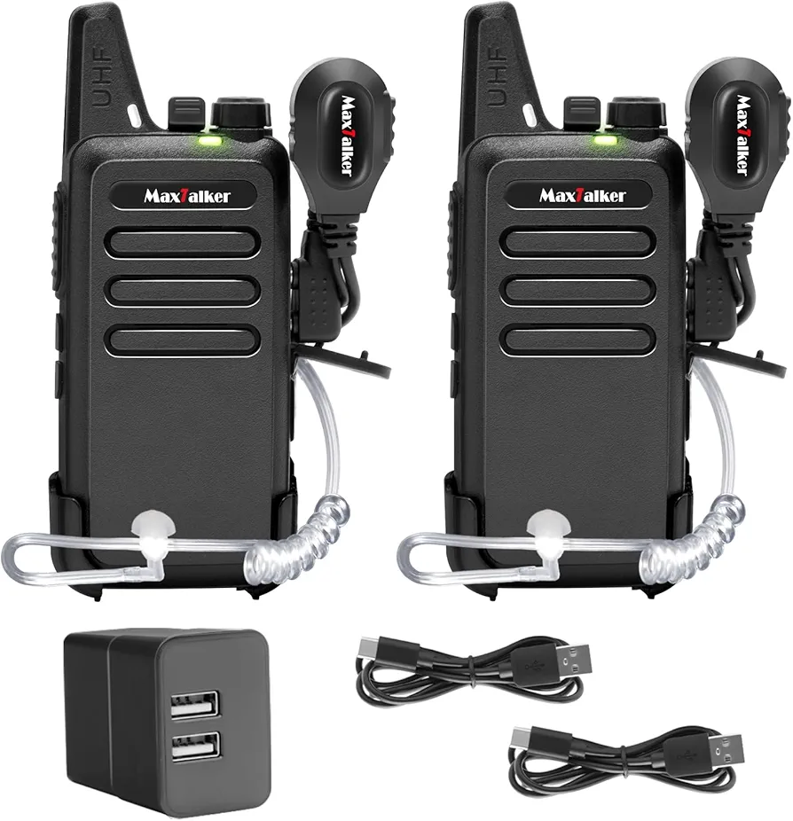 Walkie Talkies Rechargeable Two-Way Radios: MaxTalker MT1 Walkie Talkies Long Range, 2 Way Radio, Mini Walkie Talkie Earpiece with Mic for Adults Family Road Trip Camping Hiking Skiing, 2 Pack