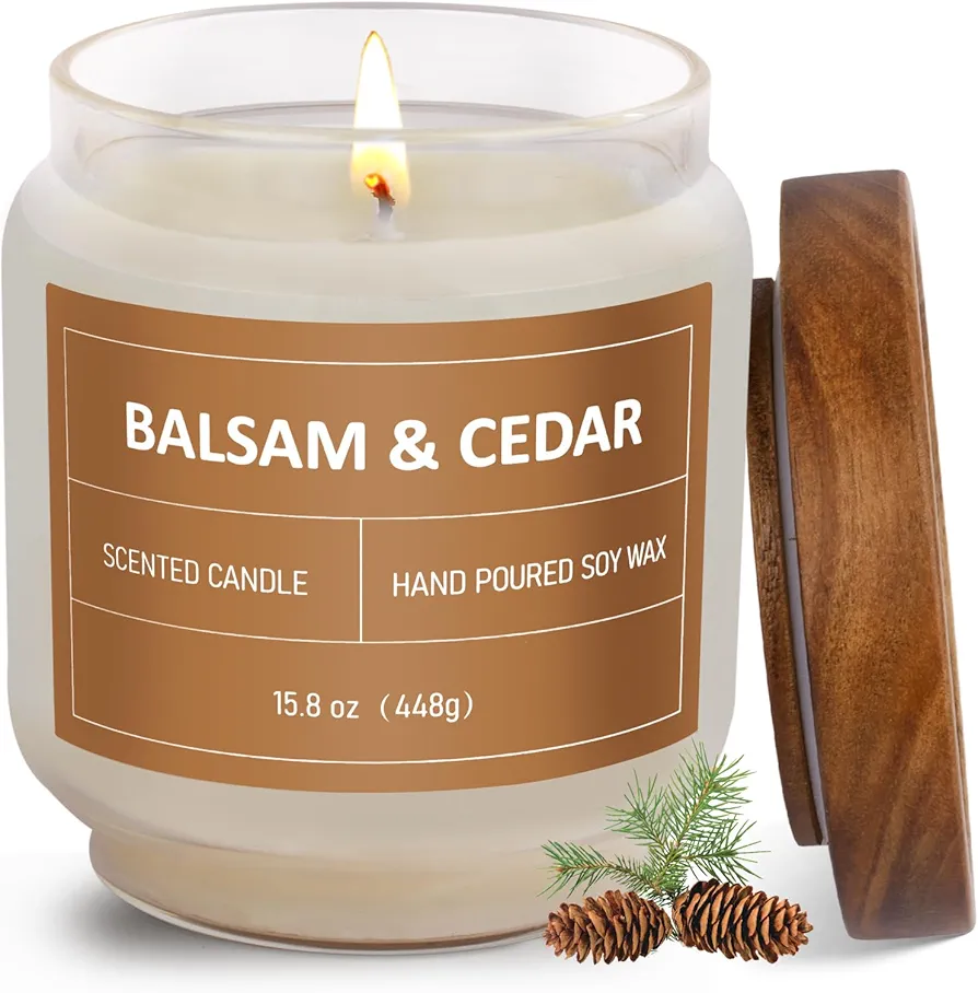 Balsam & Cedar Candle, 15.8oz Large Pine Scented Candles, Jar Candle for Home Scented, Christmas Candle, Aromatherapy Soy Wax Candle, Relaxing Birthday Holiday Winter Gifts for Men Women