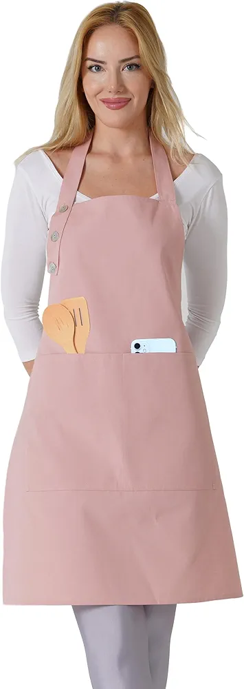 TOSHE Kitchen Apron Waterdrop Resistant Cotton Apron with adjustable Aprons for Women with Pockets 10 Color option Cooking Powder Pink Apron (Powder Pink)