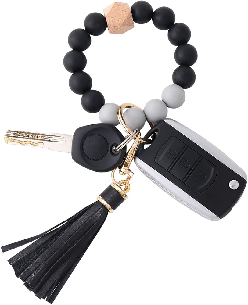 BAOSIWA Silicone Beaded Bracelet Keychain Wristlet Key Ring Bangle Chains for Women with Leather Tassel