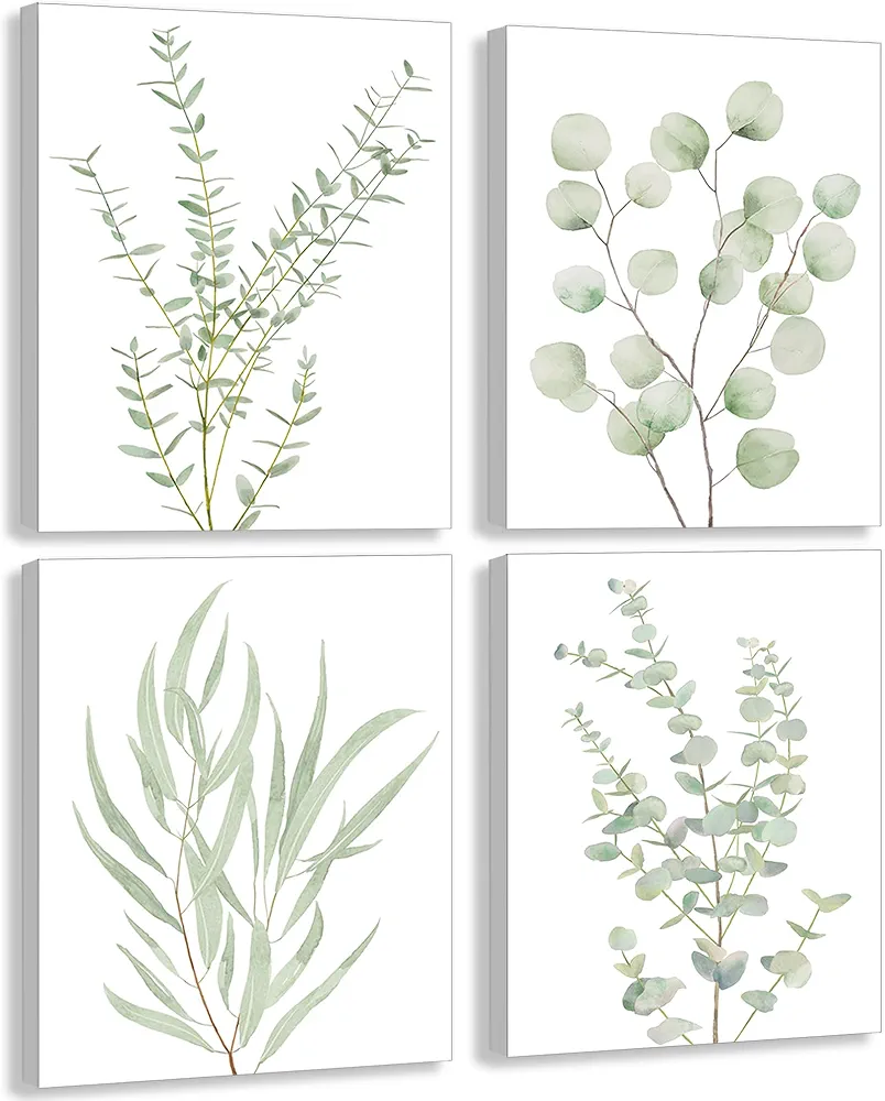 Erctoo Botanical Plant Canvas Wall Art, Framed Boho Wall Decor for Bathroom, Minimalist Aesthetic Bedroom Wall Art, Sage Green Eucalyptus Leaf Prints for Office, Set of 4PCS, 8”X10”