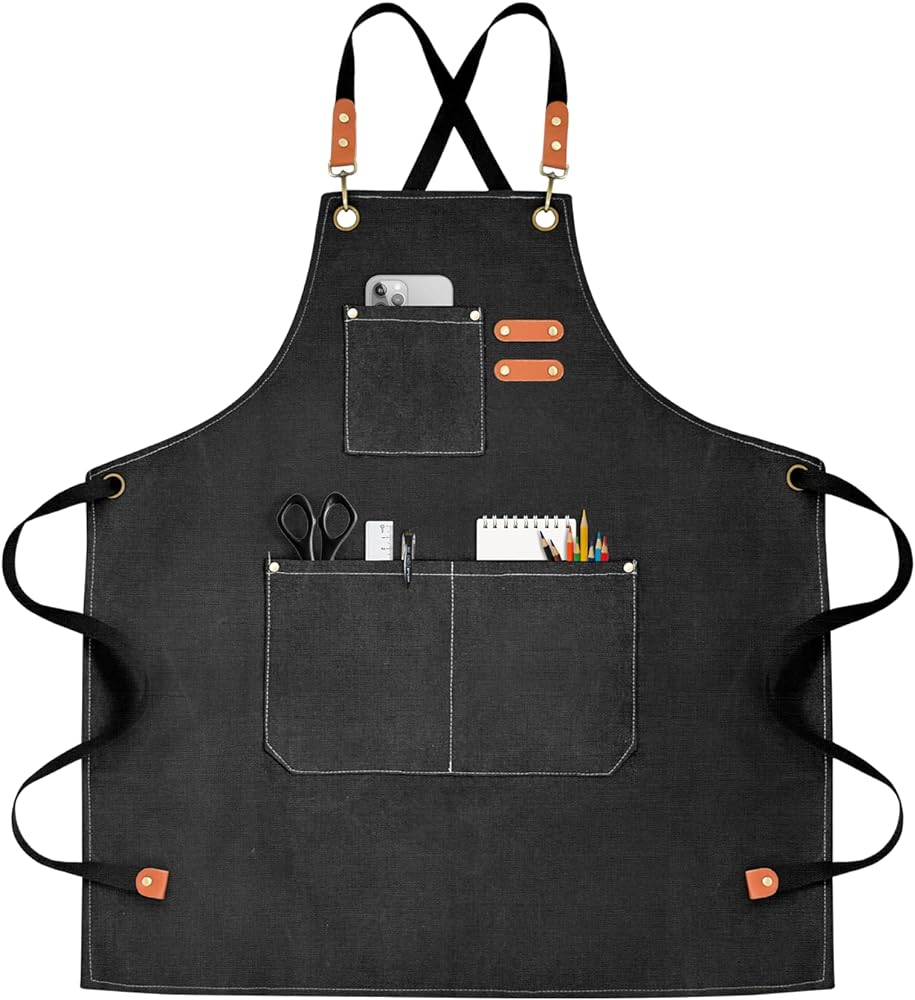 Chef Apron for Men Women Canvas Aprons with 3 Pockets Cross Back Resistant Work Apron for Cooking