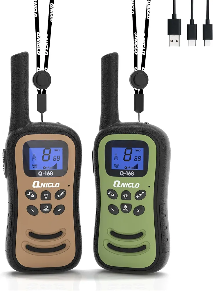 Qniglo Walkie Talkies for Adults/Kids, Rechargeable Walkie Talkies Long Range with 22 FRS Channels, VOX 2 Way Radios with LED Flashlight for Hiking Camping Trip Adventure(CoffeeGreen)