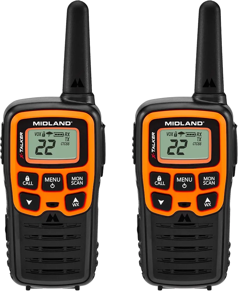 Midland- T51VP3 X-TALKER Spotting and Recovery Walkie-Talkie Long Range - FRS Two Way Radio for kids Caravanning with NOAA Weather Scan + Alert, 38 Privacy Codes - Black/Orange - 2 Pack