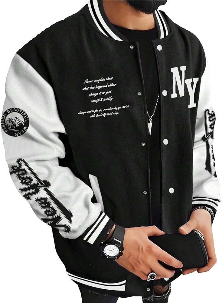 SOLY HUX Men's Varsity Jacket Color Block Letter Graphic Long Sleeve Baseball Jacket Bomber Coat