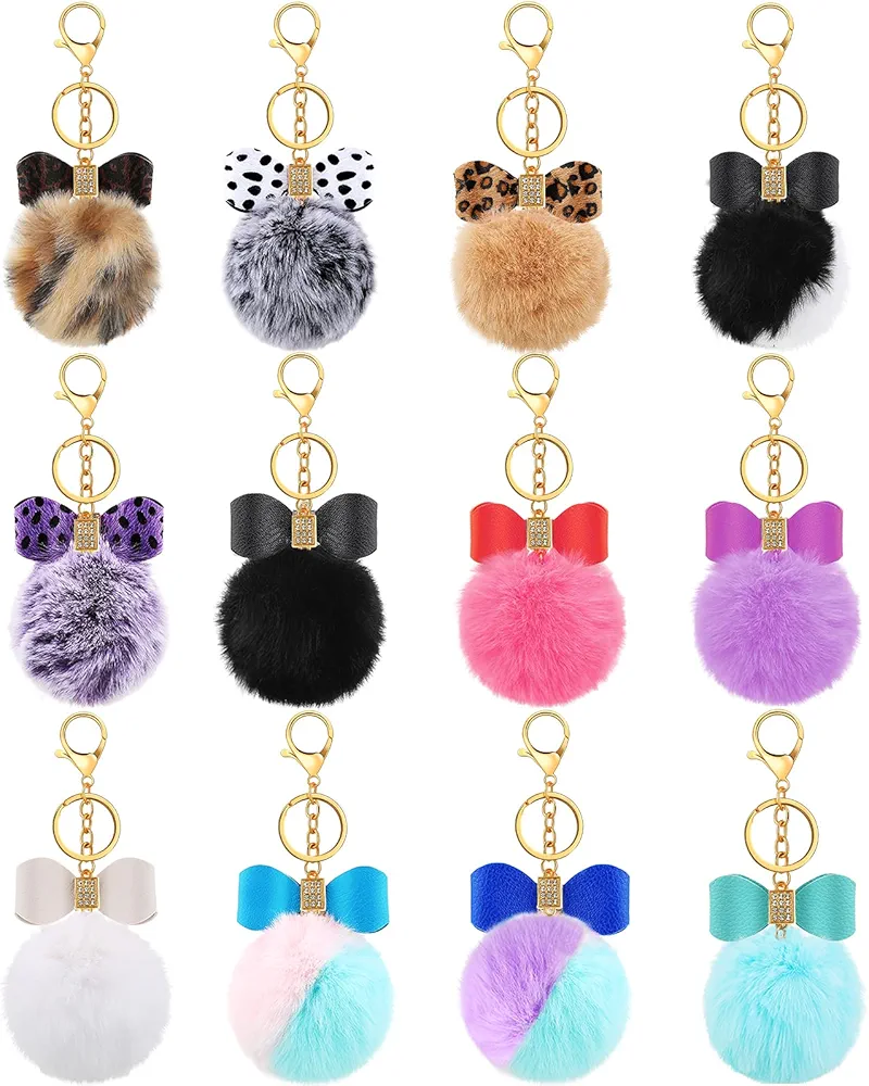 Hicarer 12 Pieces Fluffy Pom Pom Keychain Bulk Bow Rhinestone Faux Pompoms Keyring for Women Bags Craft, 12 Colors(Chic Colors)