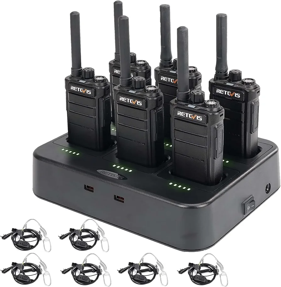 Retevis RB26 Walkie Talkies with Earpiece and Mic Set, GMRS Radio, Two Way Radio Long Range, 2000mAh Battery, Six Way Multi-Unit Charger, Repeater Capable, 2 Way Radio for School Manufacture (6 Pack)