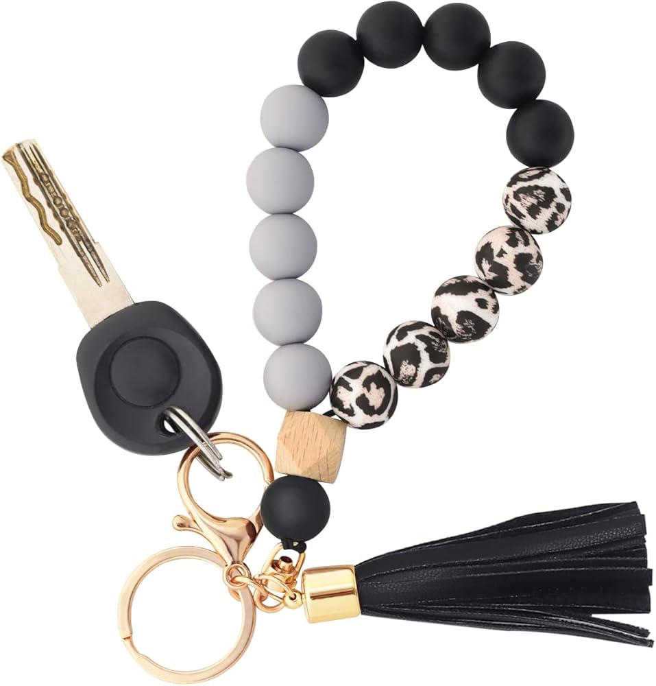 BAOSIWA Silicone Key Ring Bracelet Wristlet Keychain Unique Beaded Bangle Key Chains for Women with Leather Tassel