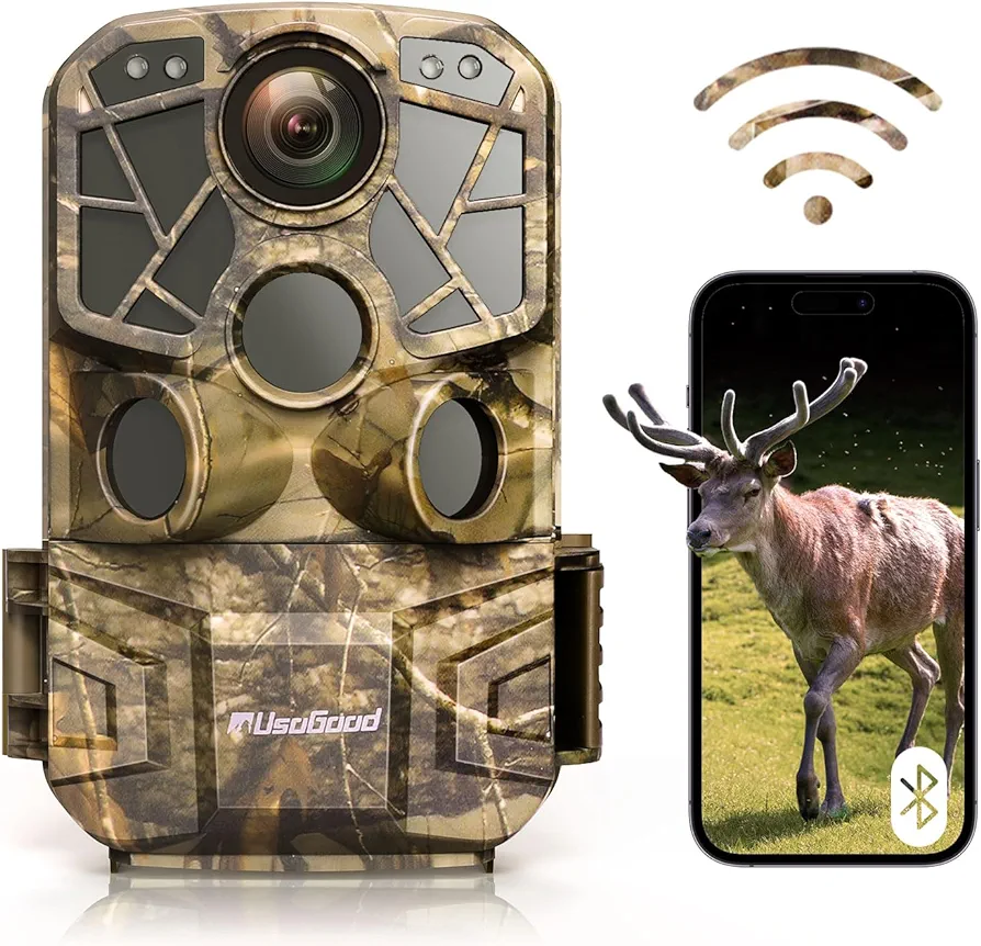 Usogood WiFi Trail Camera, H.264 2.7K/1520P 30fps Game Cameras with 65ft Hyper Night Vision IP66 Waterproof 120° Motion Activated Hunting Cam Phone App for for Outdoor Wildlife Scouting, Hunting