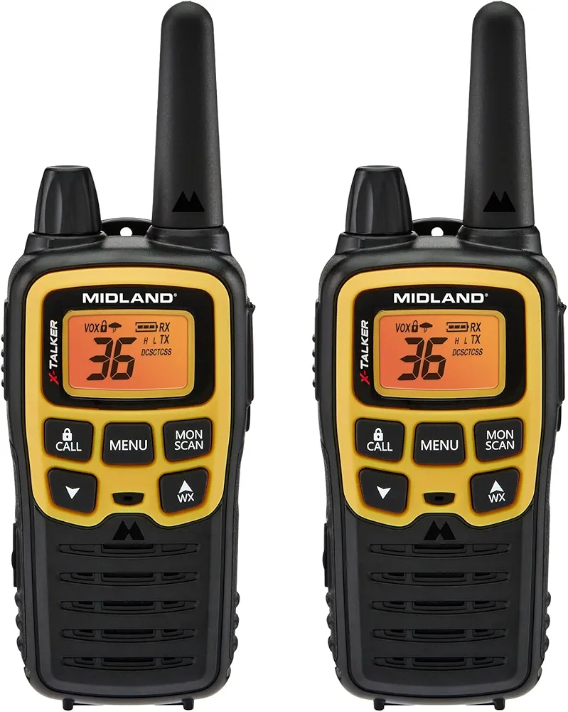 Midland® - T61VP3 X-TALKER - Two-Way Radio - 36 Channel FRS- Long Range Walkie Talkie, 121 Privacy Codes, & NOAA Weather Scan & Alert Black/Yellow, 2-Pack