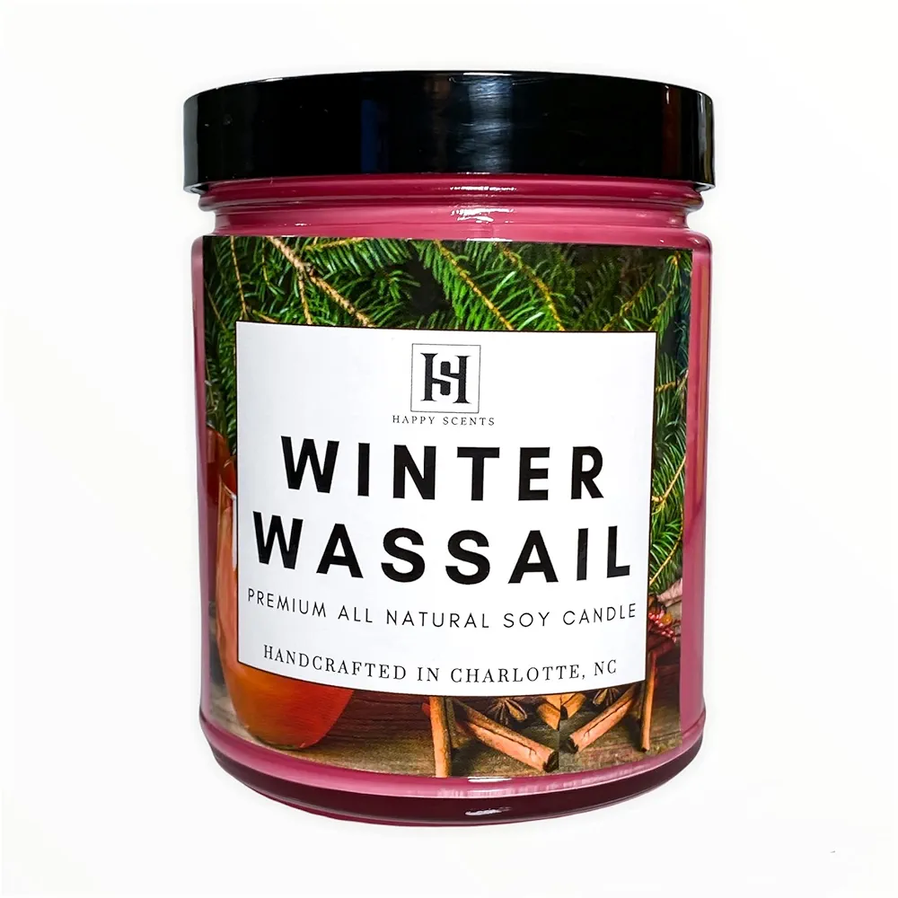 Winter Wassail Jar Candle | Wassail Candle | Holiday Candle | Highly Scented & Long Lasting Soy Wax Candle for Home | 8oz Clear Glass Jar, 50+ Hour Burn Time, | Made in the USA | Happy Scents