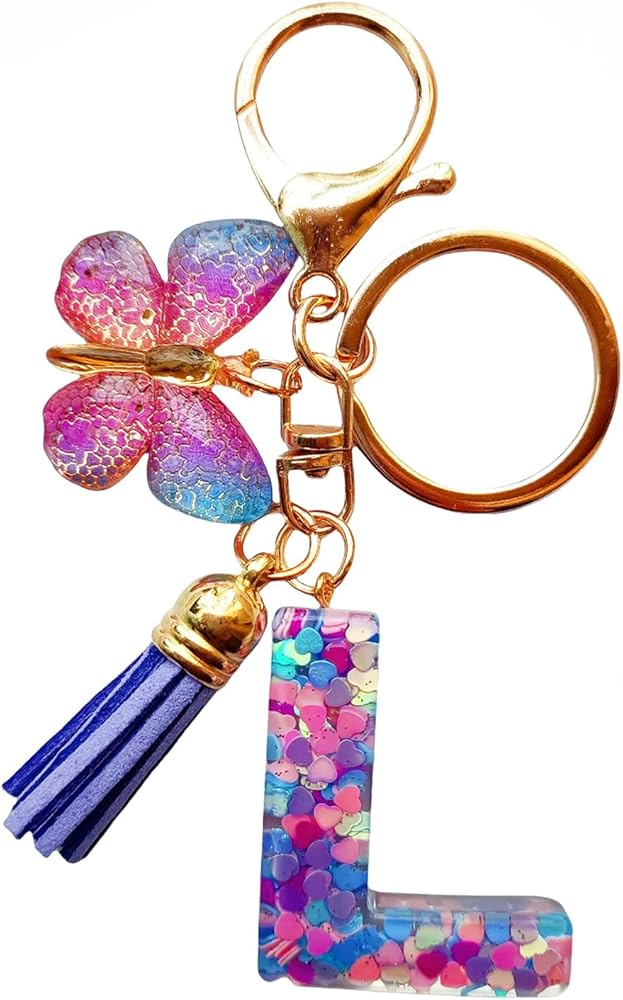 Cute Initial Letter Keychains for Women Girls Tassel Butterfly Pink Purple Green Keychain for Backpack School Bag