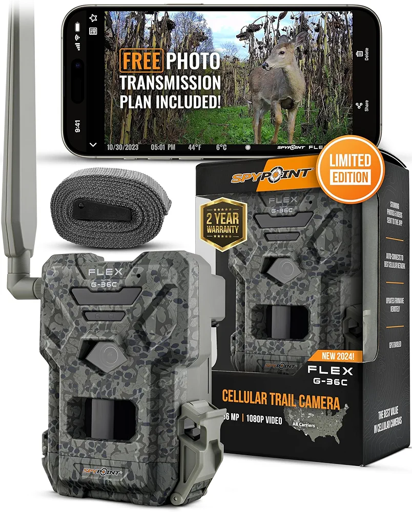 SPYPOINT Flex G-36 Camo - Outdoor Cellular Trail Camera,1080p Video with Sound, 36 Megapixels, 0.3S Trigger Speed, 100 Flash and Detection Range with Improved Battery Life