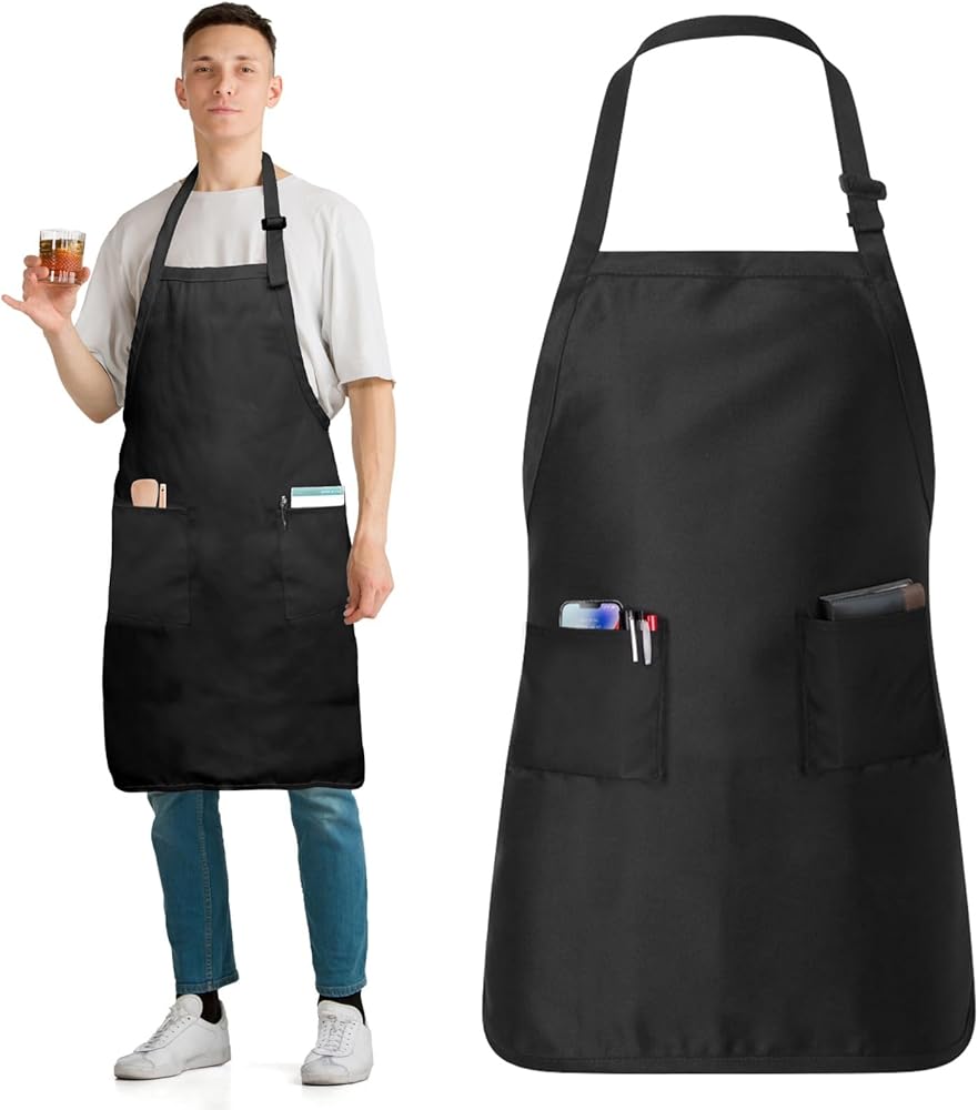 Premium Adjustable Cotton Chef Aprons with 2 Pockets and Bandana, Kitchen Apron for Women and Men