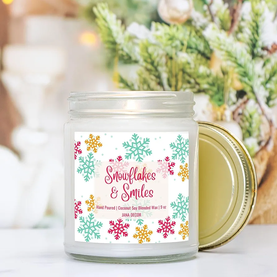 Snowflakes Smiles Christmas Card Candle Retro Holiday Candle Idea Winter Candle 9oz Hand Poured Coconut Soy Wax Clear Jar Candle, 9oz Candle, Home Decor Candle