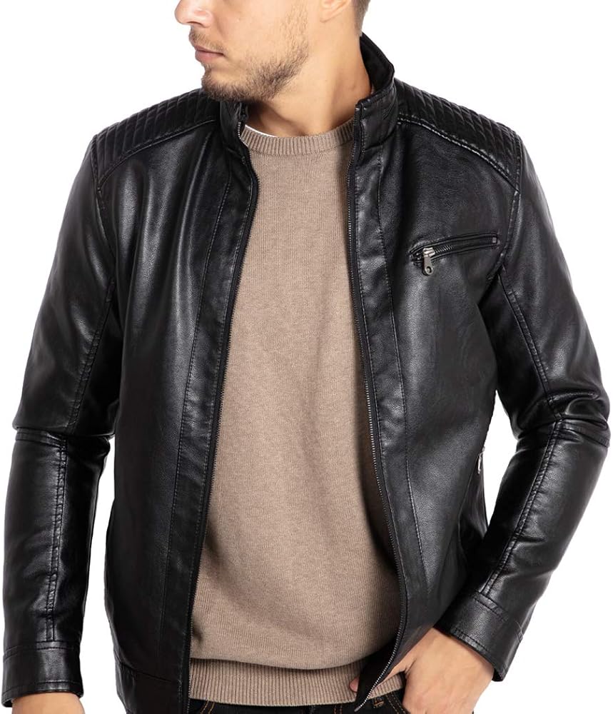 WULFUL Men's Stand Collar Leather Jacket Motorcycle Lightweight Faux Leather Outwear