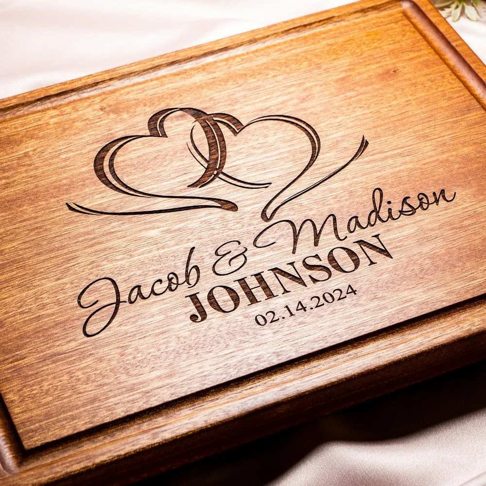 Personalized Cutting Board, Custom Wedding, Anniversary or Housewarming Gift Idea, Wood Engraved Charcuterie, for Newlyweds and Couples, Two Hearts Design 027