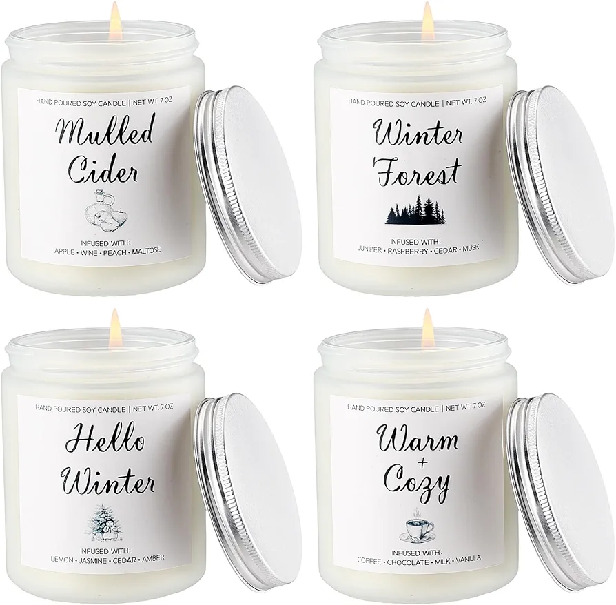 MTLEE 4 Pcs Winter Scented Candles Set Holiday Scented Candles 7oz Soy Wax Candles for Home Winter Gifts Jar Candles for Christmas Women Mom, Scent of Winter, Forest, Mulled Cider, Warm