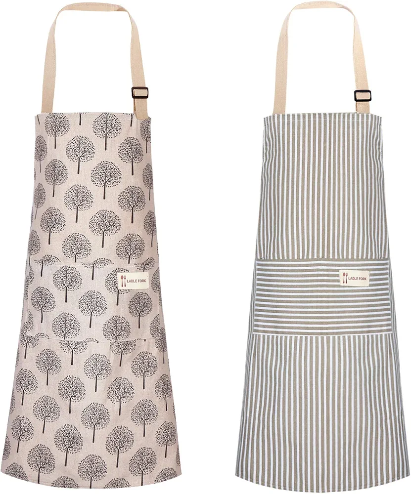 Syhood 2 Pack Aprons for Women Kitchen Cooking Soft Linen Apron with 2 Pocket Adjustable Neck Strap(Brown Stripes Style)