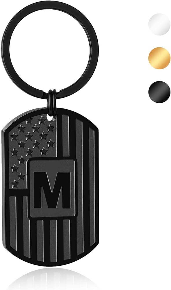 Initial Keychain Gifts for Men,A-Z Letter American Flag Dog Tag Mens Keychain,Mens Accessories Christmas Gifts