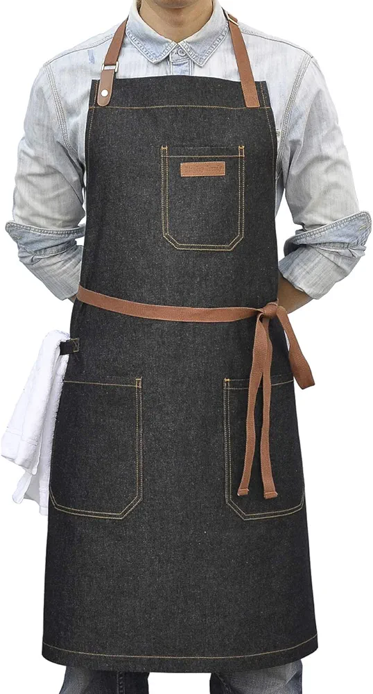 Denim Chef Apron with Pockets, Mens Womens Professional Kitchen Bib Black Apron for Cooking Grill BBQ Server, with Towel Loop and Adjustable Neck Straps