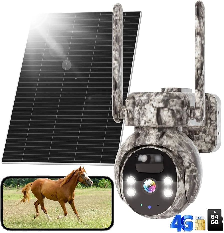 Hiseeu 4G Camera, 4G Cellular Game Cameras, No WiFi Security Camera, Solar Trail Cam Wireless Outdoor, 2k Color Night Vision, Without WiFi Need, 64G SD & 300MB SIM Card Included (4G Camo-Summer)