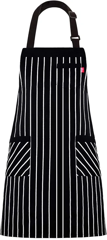 Aprons for Women and Men, Kitchen Chef Apron with 3 Pockets and 40" Long Ties, Adjustable Bib Apron for Cooking, Serving - 32" x 28" - Black/White Pinstripe - 1 Pcs