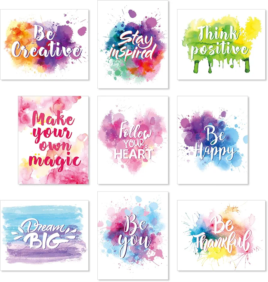 Outus Set of 9 Watercolor Inspirational Wall Art Prints Abstract Paint Motivational Quote Phrases Posters for Bedroom Living Room Office Room Decoration 8 x 10 Inch Unframed