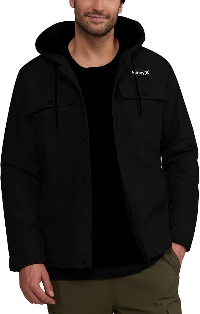 Hurley Men's Charger Jacket - Sherpa Lined Outdoor Jacket with Snap Closure Pockets - Button Down Men's Hooded Jacket (S-XL)