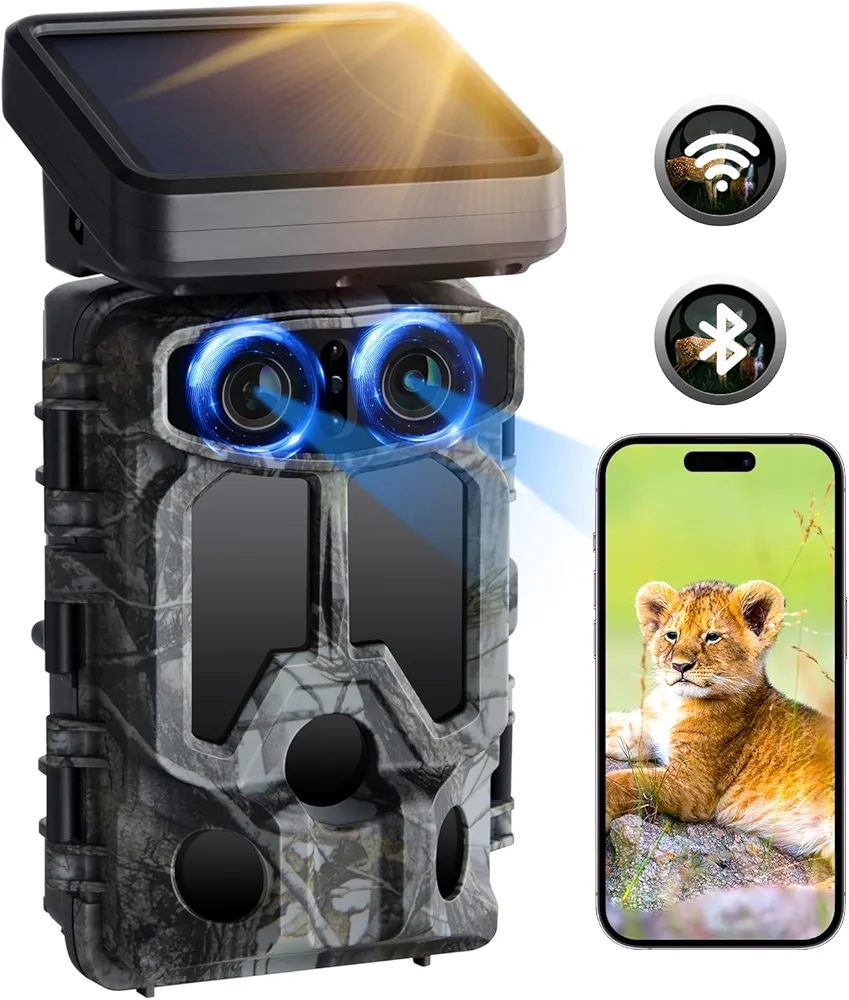 Trail Camera Solar Powered- Dual Lens 4K 30FPS 60MP Starlight Night Vision Game Camera, WiFi Bluetooth IMX458 Sensors Trail Camera with 0.1S Trigger IP66 Waterproof for Wildlife Monitoring, Outdoor