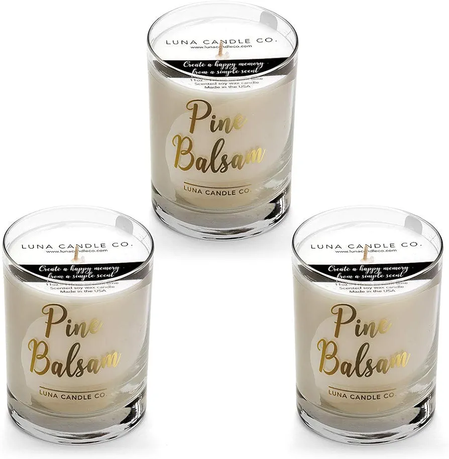 Christmas Pine Balsam Scented Candle - 11oz. Clear Glass, Single Wick, Soy Wax (3 Pack)