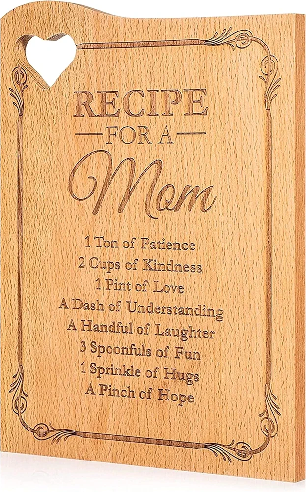 Wooden Custom Cutting Board Personalized for Mom 12 x 9 Inches - Mom’s Recipe Cutting Board with Heart Shaped Cut Out - Personalized Gifts for Mom from Daughters - Kitchen Present