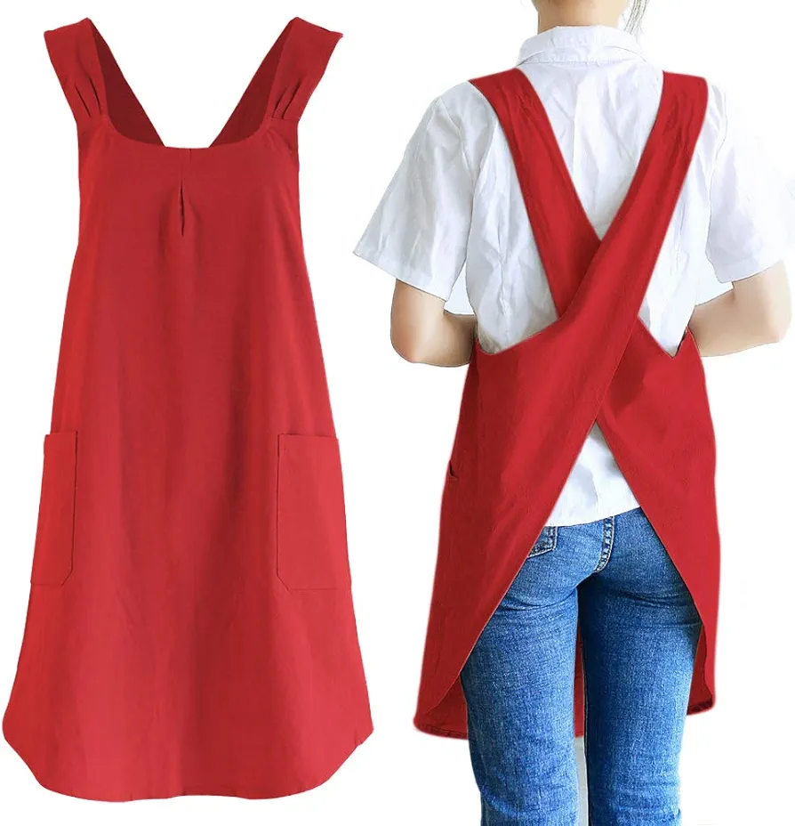 NEWGEM Japanese Linen Cross Back Kitchen Cooking Aprons for Men with Pockets for Baking Painting Gardening Cleaning Dark Red