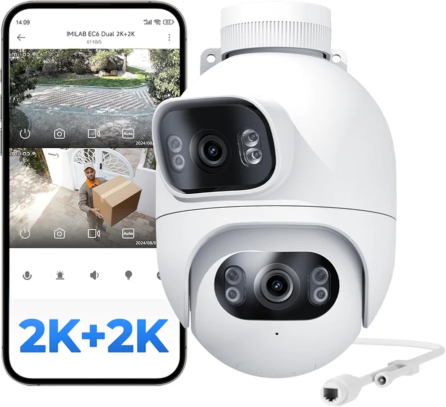 IMILAB EC6 Dual Outdoor Plug-in Security Camera: 2K Dual Lens Camera for Home Security, 360 Coverage Surveillance PTZ Outdoor Camera, 24/7 Recording, Motion-Activated Spotlight, Color Night Vision