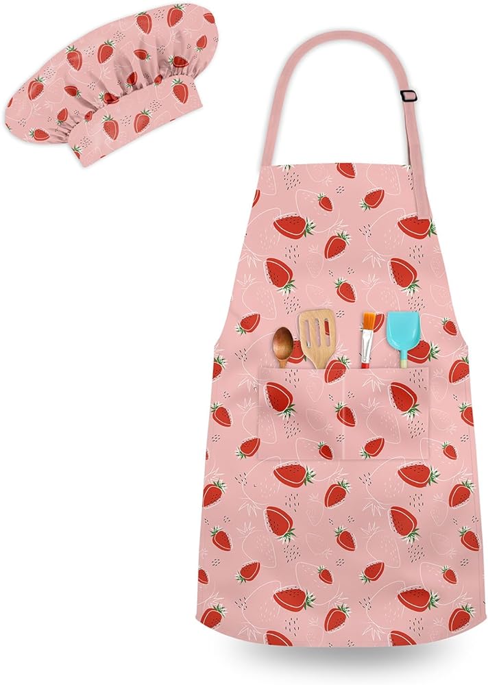 Kids Chef Hat and Apron, Adjustable Kids Aprons with Pocket Girls Boys Kitchen Toddler Aprons for Cooking Baking