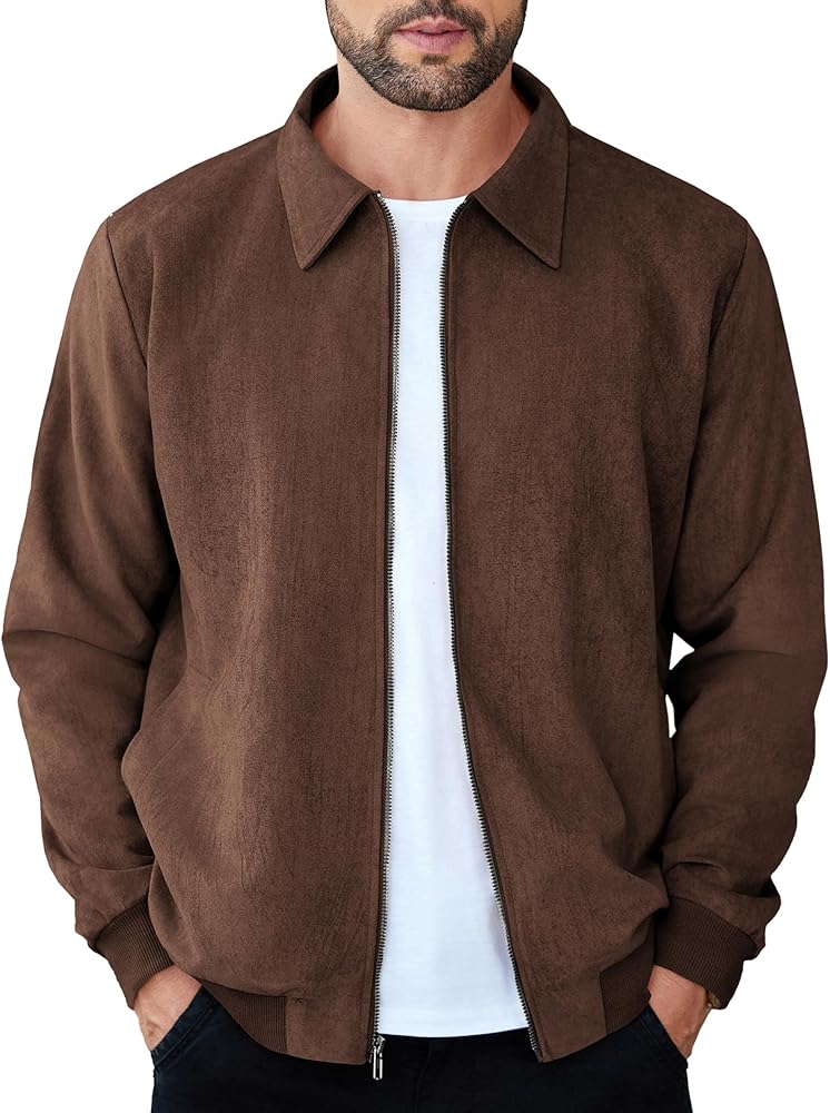 COOFANDY Men's Casual Suede Bomber Jacket Lightweight Full Zip Up Jackets Vintage Faux Leather Jacket