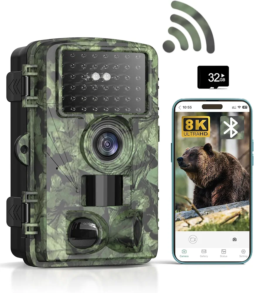 Trail Camera - 8K 60MP WiFi Game Camera with 0.3s Trigger Time, 850nm Led for Night Vision Hunting Camera, 130°Wide Angle Motion Activated Wildlife Deer Camera app Connect with IP66 Waterproof.